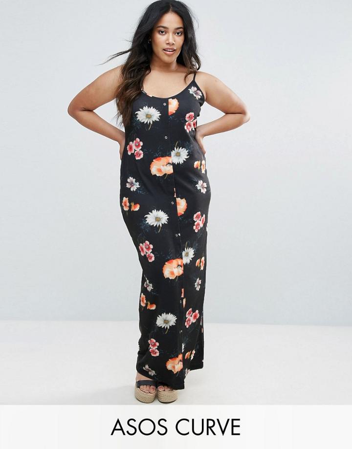 Asos Curve Bodycon Maxi Dress With Popper Details In Floral Print - Multi