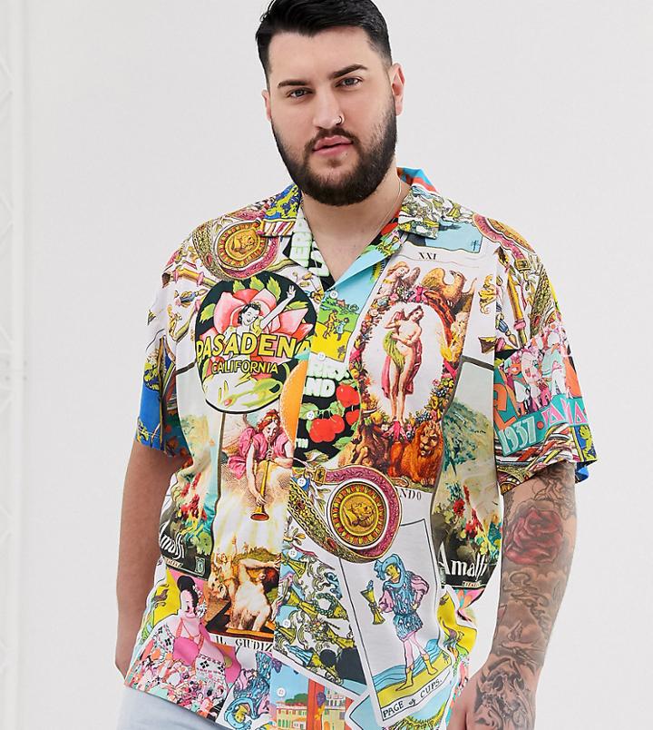 Asos Design Plus Oversized Revere Polo With All Over Mixed Print - White