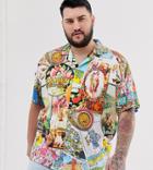 Asos Design Plus Oversized Revere Polo With All Over Mixed Print - White