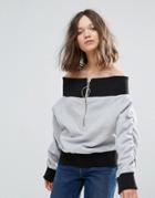 Daisy Street Off The Shoulder Zip Sweatshirt - Gray