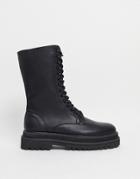 Asos Design Lace Up Calf Boots In Black Faux Leather On Chunky Sole