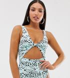 Asos Design Tall Twist Front Cut Out Swimsuit In Teal Irregular Polka Dot-multi