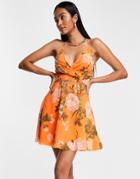 Asos Design Cami Wrap Mini Dress With Lace Up Back In Orange Floral-multi