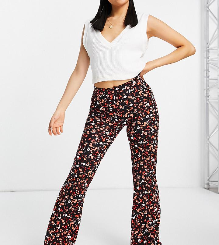 Asos Design Petite Flare Pant In Cute Floral Print In Red-multi