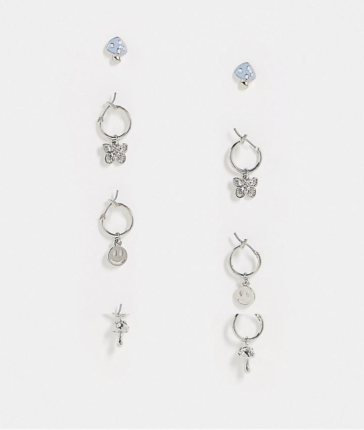 Asos Design 4 Pack Mixed Hoop Earring Set With Mushroom And Butterfly Design-multi