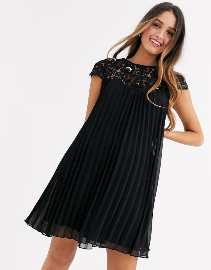 Lipsy Lace Top Mini Smock Dress In Black