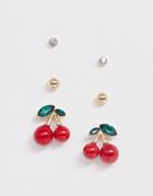 Asos Design Pack Of 3 Stud Earrings With Cherry And Ball Detail In Gold Tone - Gold