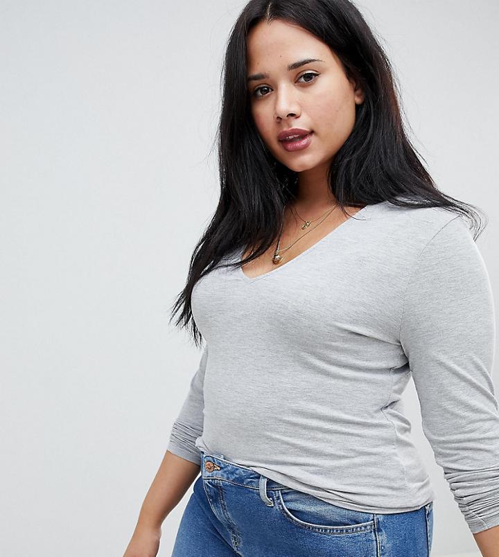 Asos Design Curve Ultimate Top With Long Sleeve And V-neck In Gray