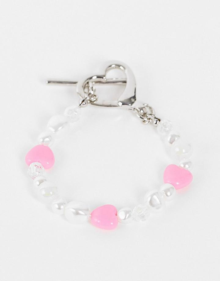 Asos Design Bracelet With Iridescent Beads And Heart T-bar-multi