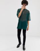 Asos Design Oversized Super Longline T-shirt With Half Sleeve In Sheer Mesh - Green