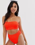 Asos Design Mix And Match Crinkle Bandeau Bikini Top In Neon Orange - Orange