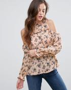 Qed London Cold Shoulder Floral Top - Pink