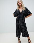 Asos Design Tea Jumpsuit With Kimono Sleeve And Button Detail In Spot - Multi