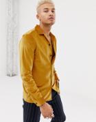 Asos Design Regular Fit Revere Velour Shirt Mustard - Yellow