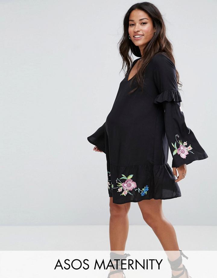 Asos Maternity Ultimate Mini Embroidered Smock Dress - Black