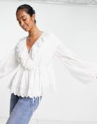 Asos Edition Wrap Smock Top With Broderie Ruffle Collar In White