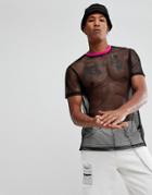 Asos Longline T-shirt In Black Mesh With Shoulder Taping And Contrast Rib - Black