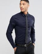 Asos Skinny Shirt In Navy With Long Sleeves And Black Tie Save 15% - Navy