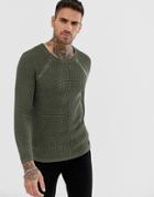 Replay Muscle Fit Mesh Sweater In Olive - Green