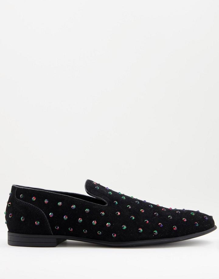 Asos Design Loafer In Black Faux Suede With Iridescent Studs