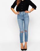Asos Farleigh Slim Mom Jeans In Prince Light Wash With Busted Knees - Lightwash Blue