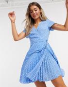 New Look Wrap Pleated Mini Dress In Blue Polka Dot