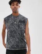 Asos Design Oversized Sleeveless T-shirt With Pocket In Bleach Tie Dye Wash - Black