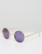 7x Round Sunglasses With Blue Lenses - Gold