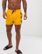 Asos Design Swim Shorts In Yellow With Sun Embroidery In Short Length - Yellow