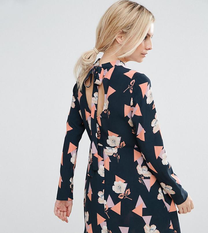 Asos Petite High Neck Skater Dress With Open Back In Geo Floral Print - Multi