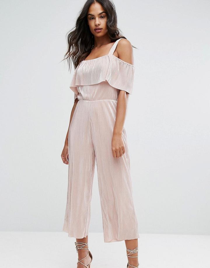 Warehouse Foil Plisse Frill Jumpsuit - Pink