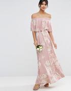 Asos Wedding Off Shoulder Frill Maxi Dress In Print - Multi