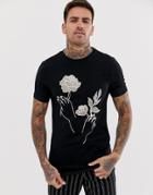 Asos Design Muscle T-shirt With Line Drawn Rose Print - Black