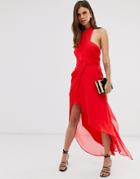 Asos Design Midi Dress In Soft Chiffon Drape With Wrap Neck-red