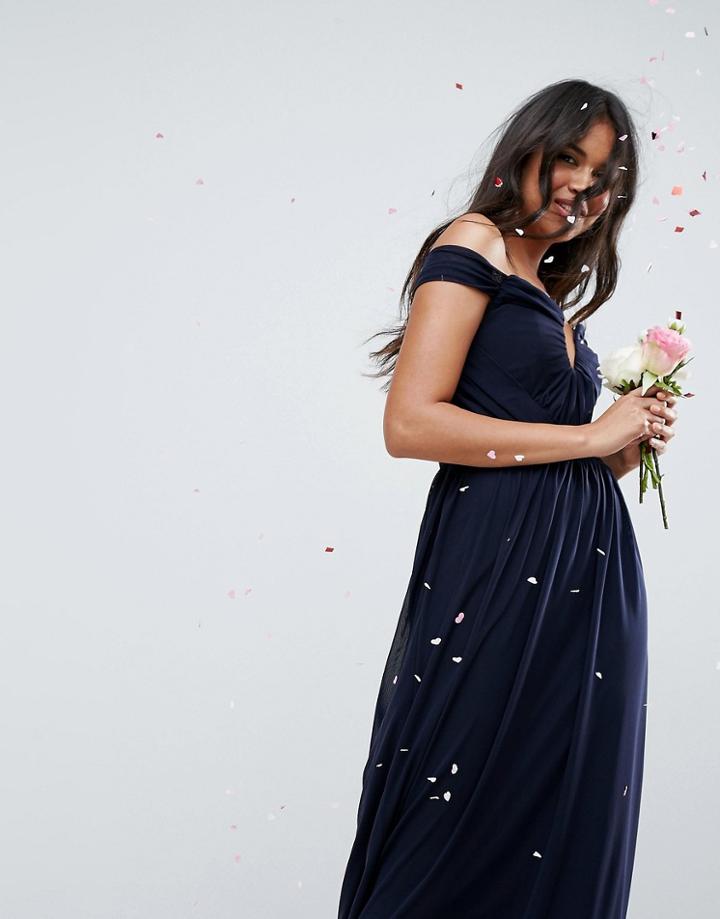 Asos Design Ruched Mesh Bardot Maxi Dress-navy