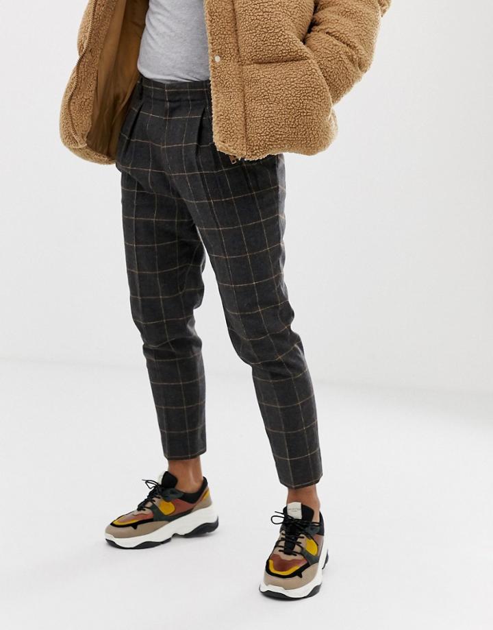Asos Design Tapered Smart Pants In Charcoal Wool Mix Window Pane Check With Pleat-gray