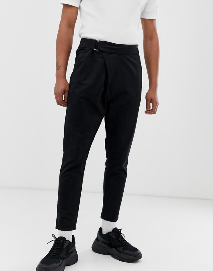 Asos Design Slim Pants In Washed Black With Asymmetric Fastening - Black