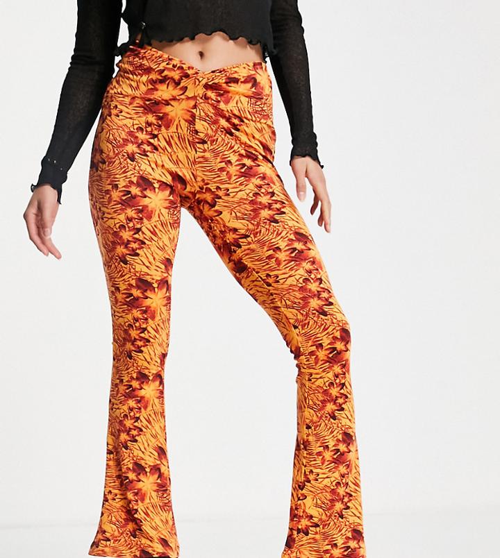 Topshop Petite Knot Twist Front Flared Pants In Orange Hibiscus Print-pink