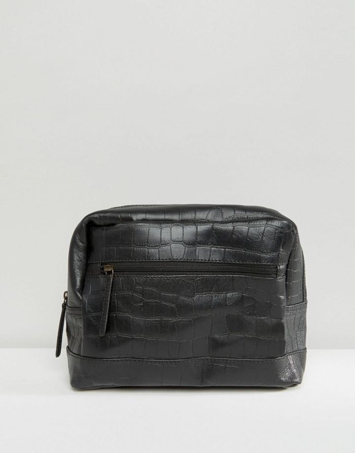 Asos Leather Toiletry Bag In Crocodile - Black