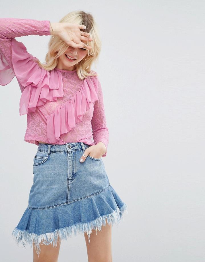 Asos Long Sleeve Top In Lace With Woven Ruffles - Pink