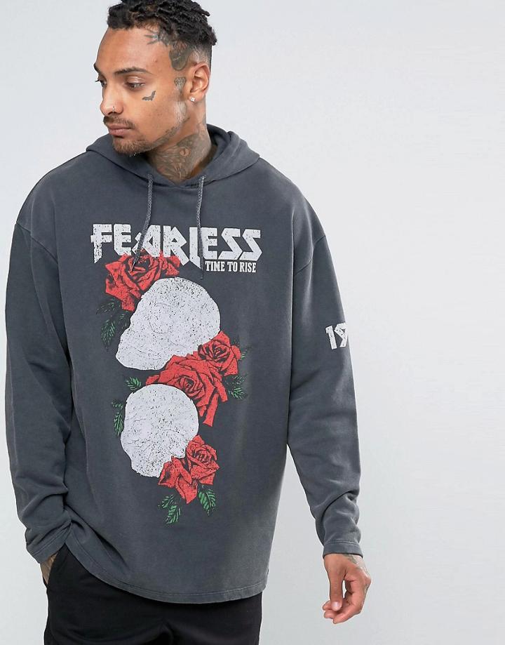 Asos Oversized Longline Hoodie In Acid Wash With Fearless Print - Black