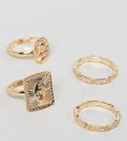 Asos Design Curve Pack Of 4 Rings With Vintage Style Icon Design And Engraved Band In Gold - Gold