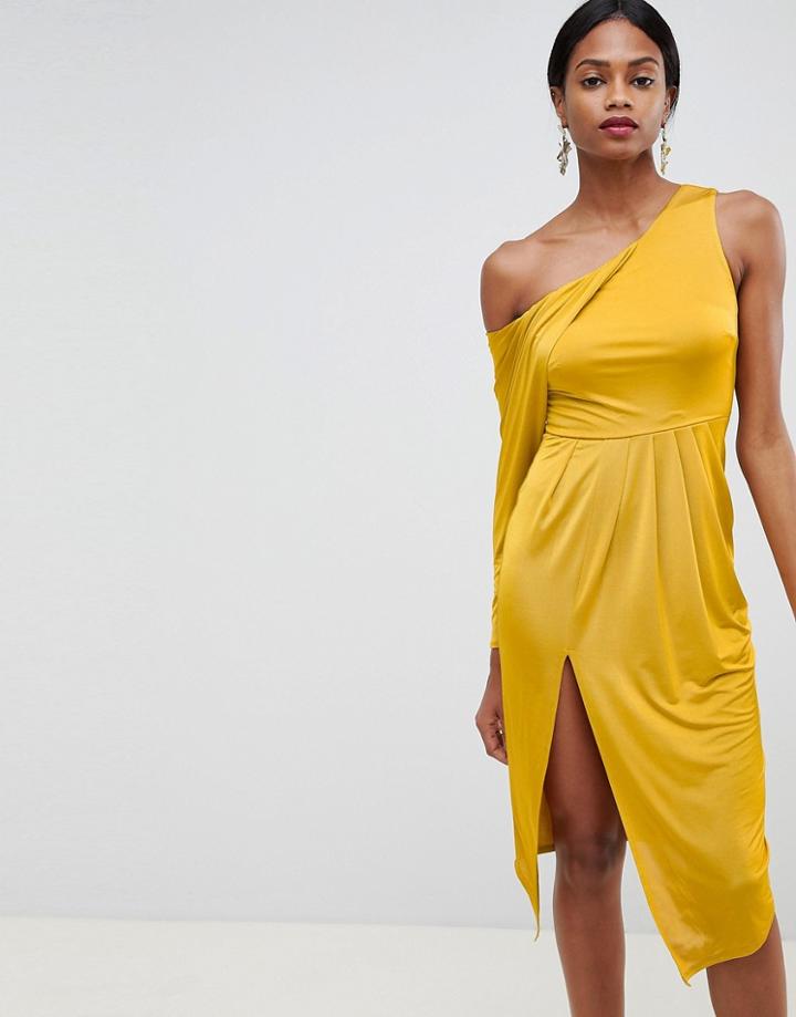 Asos Design Slinky One Shoulder Midi Dress-green