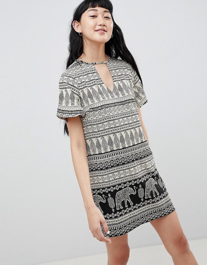 Daisy Street Shift Dress With Notch Neck In Elephant Print - Multi