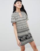 Daisy Street Shift Dress With Notch Neck In Elephant Print - Multi