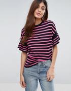 Warehouse Stripe T-shirt With Flutter Sleeve - Multi