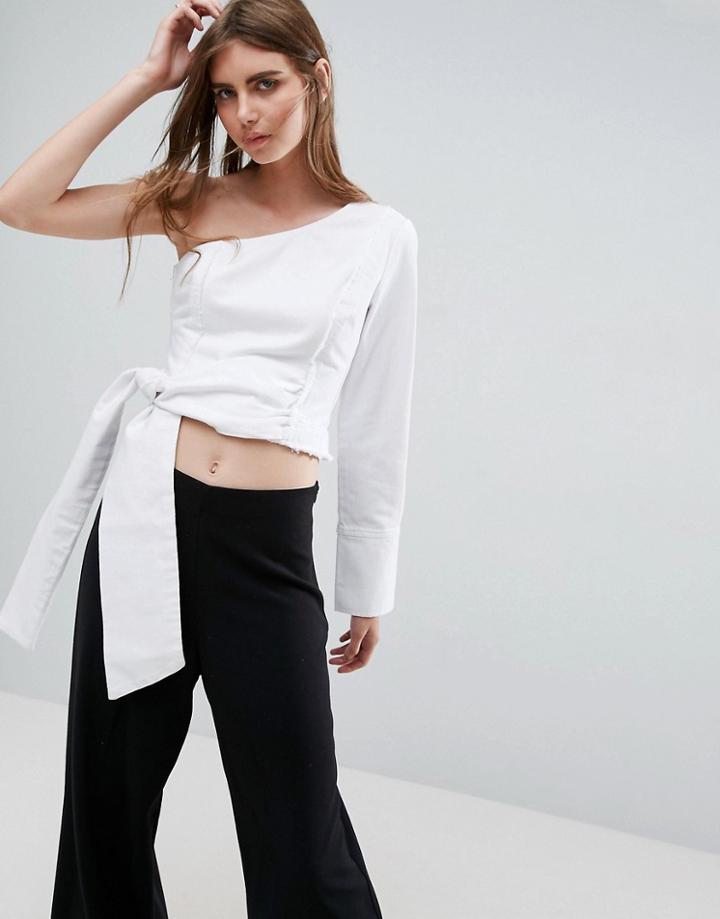 Asos Denim One Sleeve Tie Detail Top In White - White