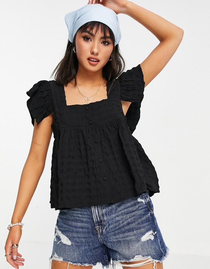 Asos Design Puff Textured Button Through Ruffle Sun Top In Black-no Color