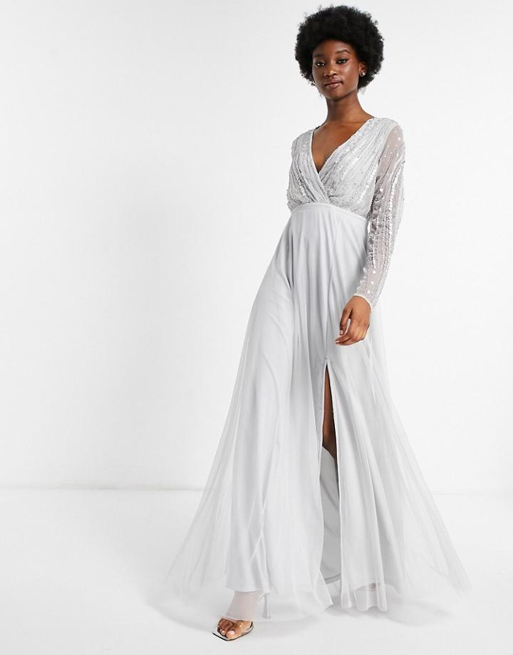 Frock And Frill Wrap Front Embellished Maxi Dress In Dove Gray-grey