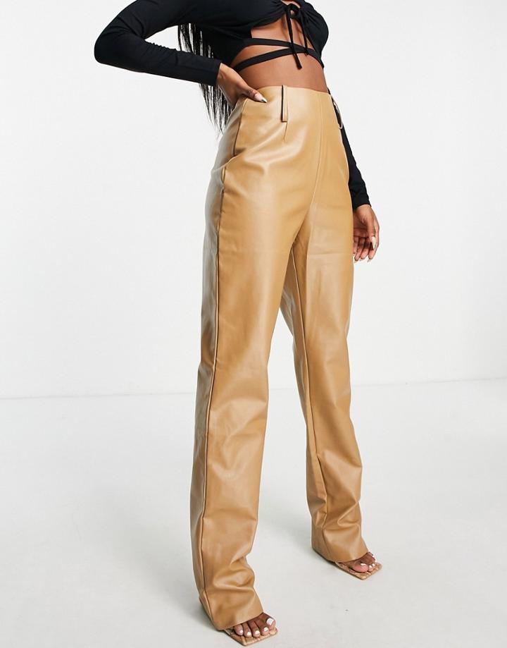Missyempire Exclusive Leather Look Straight Leg Pants In Camel-neutral